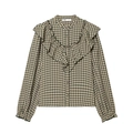 Geruite blouse met lange mouwen, V-vormige ruches en elastische manchetten in groen-wit - XS / Olijfgroen
