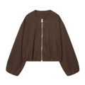 Frans retro donkerbruin wollen jack voor dames met ronde hals en metalen rits - S / Donkerbruin