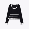Top de punto negro de manga larga para mujer con rayas blancas y detalles de volantes - XS / Blanco y Negro