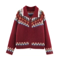 Cardigan in maglia jacquard rosso intenso con texture soffice e chiusura a zip frontale - S / Rosso