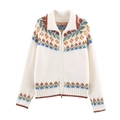 Cardigan in maglia panna da donna con motivi Fair Isle e chiusura a zip metallica - S / Bianco