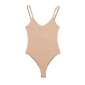 Minimalist nude V-neck nylon bodysuit for women with thin straps and snap button closure - S / Khaki