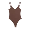 Detailed flat lay of dark brown deep V-neck bodysuit with adjustable thin straps - S / Brown