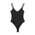Flat lay of a minimalist black V-neck bodysuit with thin spaghetti straps on white background - S / Black