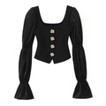 Haut ajusté noir élégant avec manches bouffantes en satin et boutons roses dorés - S / Noir