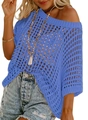 Detail of blue hollow-out knit top with wide mesh texture and boat neck design - Blue