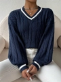 Navy blue V-neck cable knit sweater with white contrast stripes and loose fit for women - S / Navy Blue