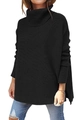 Detail view of black high neck oversized knit sweater with side split and ribbed texture - S / Black