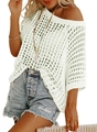 Detail showing the intricate diamond-pattern crochet knit of this white summer beach cover-up - White