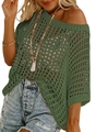 Detail of green hollow-out crochet knit top with off-shoulder boat neck and batwing sleeves - Dark Army Green