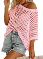 Close-up of pink hollow knit crochet top with large mesh texture for summer beach layering - Pink