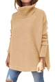 Close-up of ribbed turtleneck and side slit detail on apricot oversize knit sweater - S / Khaki