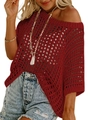 Detail of burgundy hollow crochet knit texture on a loose summer beach cover-up sweater - Burgundy