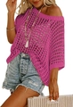 Close-up detail of rose red crochet knit top with hollow out mesh and drop shoulder style - Rose Red