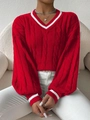 Women's V-neck cable knit sweater in red with white stripes and lantern sleeves - S / Red