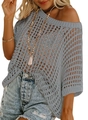 Detail of grey open knit crochet top with geometric hollow patterns and drop shoulder sleeves - Gray