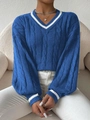 Blue V-neck cable knit sweater with white striped cuffs and stylish lantern sleeves - S / Royal Blue