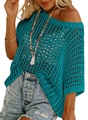 Detail of teal crochet hollow-out knit texture on a summer beach cover-up top - Teal