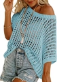 Detail view of light blue hollow knit crochet texture and geometric pattern of the beach cover-up - Light Blue