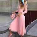 Detail of elegant pink pleated knit dress showing vertical texture and high waist design - S / Pink