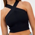 Slim fit black ribbed knit crop top featuring a criss-cross halter neck design for women - S / Tops / Black
