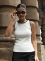 Women's white sleeveless knit top with contrast black blanket stitch detailing - S / White