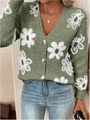 Gilet en maille vert herbe avec motifs marguerites blanches et col en V boutonné - Vert