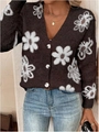 Gilet tricoté marron foncé pour femme avec col en V et motifs floraux blancs - Brun Foncé