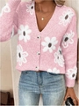 Gilet rose oversize avec motifs de marguerites blanches et fermeture boutonnée à col en V - Rose