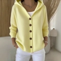 Women's pale yellow button-up hooded knit cardigan featuring a loose fit and soft texture - S / Light Yellow