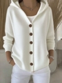 Detail of white hooded knit cardigan featuring five brown buttons and ribbed texture - S / White