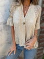 Beige hollow knit cardigan with V-neck and single button for a boho summer look - S / Tops / Apricot