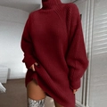 Vestido de punto granate oversize con cuello alto y textura acanalada para el invierno - S / Burdeos