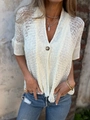 White hollow knit V-neck cardigan with single-button closure and loose short sleeves - S / Tops / White