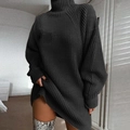 Deep charcoal grey oversized knit turtleneck dress with ribbed texture and raglan sleeves - S / Dark Gray