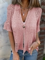 Pink V-neck hollow out knit cardigan with single button and flared sleeves - Pink