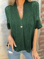 Detail of dark green knit cardigan featuring hollow-out texture and single wood button - S / Tops / Green
