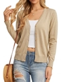 Detail of thin champagne knit cardigan with V-neckline and elegant ribbed cuffs for women - Apricot