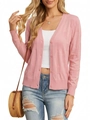 Detailed texture of pink V-neck knit cardigan with grid patterns and matching buttons - Pink