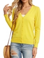 Close-up of bright yellow V-neck cardigan with button detailing and ribbed knit texture - Yellow