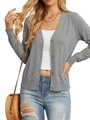 Detail of grey V-neck knit cardigan with button closure and vertical ribbed texture - Light Gray