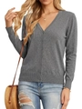 Women's classic grey V-neck knit cardigan sweater with long sleeves and front buttons - Dark Gray