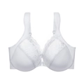 Elegant white lace full cup bra with wide supportive straps and floral embroidery details - M / White