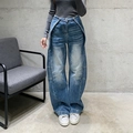 Detailed view of high waist wide leg denim jeans with deconstructed utility pockets - S / Blue