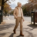 Vue de rue d'une doudoune à capuche beige avec bonnet en tricot et bottes marron - L / Café au Lait