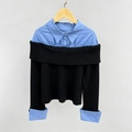 Maglione nero con spalle scoperte e dettagli patchwork in camicia blu da donna - Taglia unica / Nero e Blu