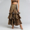 Detail of multi-layered tiered leopard print maxi skirt showing flowy fabric and bold pattern - S / Brown Leopard