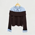 Top a maniche lunghe effetto due pezzi con colletto azzurro e cuciture in maglia marrone - Taglia unica / Marrone