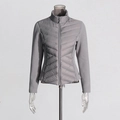 Detailed front view of grey slim-fit down jacket with V-shaped quilting and stand collar - Dark Gray