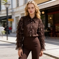 Detailed view of dark brown rose lace shirt featuring five-layer ruffled statement sleeves - Brown